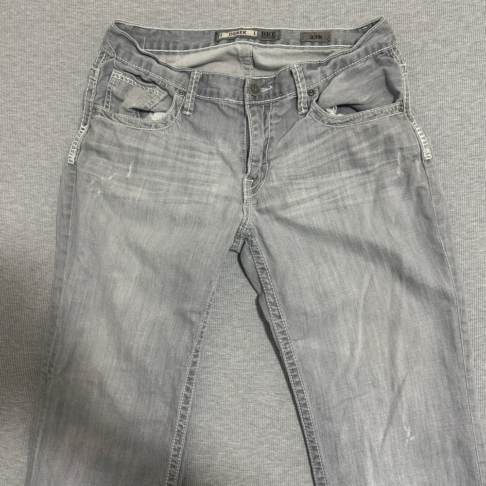 BKE Derek Straight Mens Gray Distressed Jeans 33R ABM12037 Thick Stitch - Picture 9 of 16